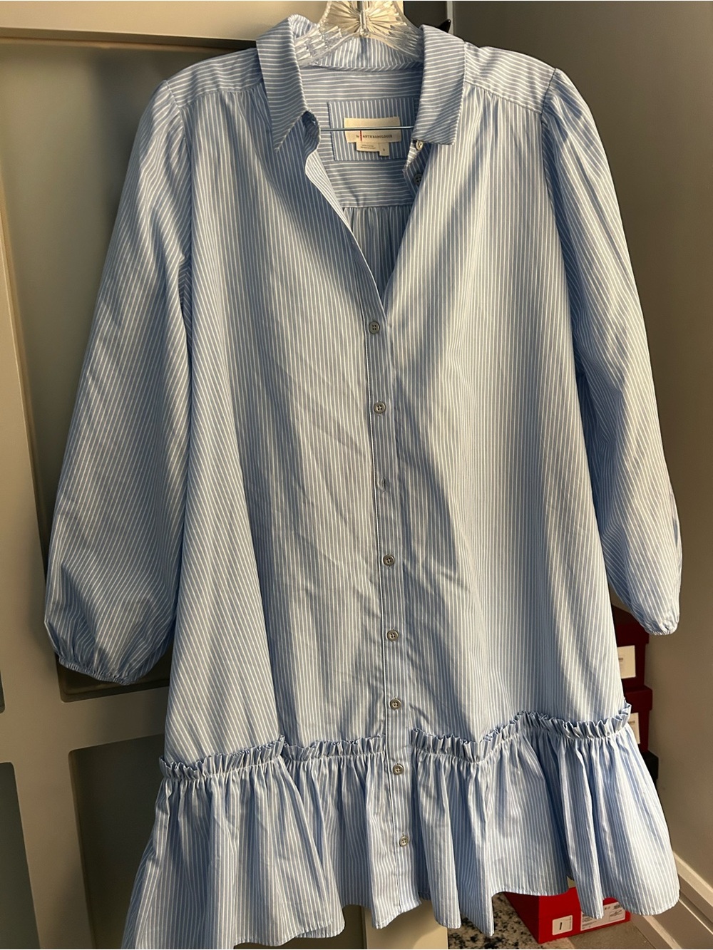 Anthropologie Light Blue & White Striped Button-Front Shirt, ruffle hem.